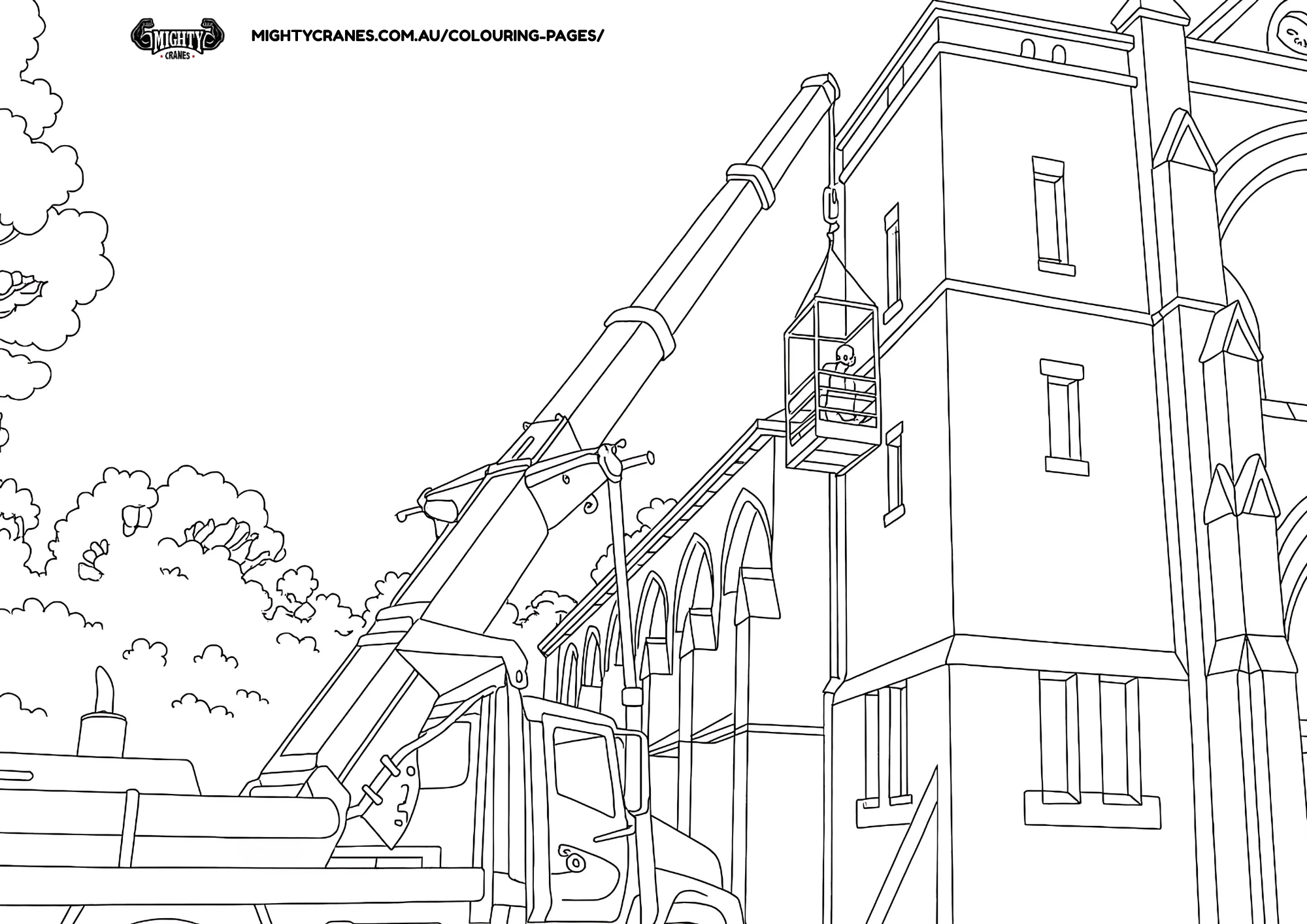 Franna crane with man cage coloring in page free download pdf